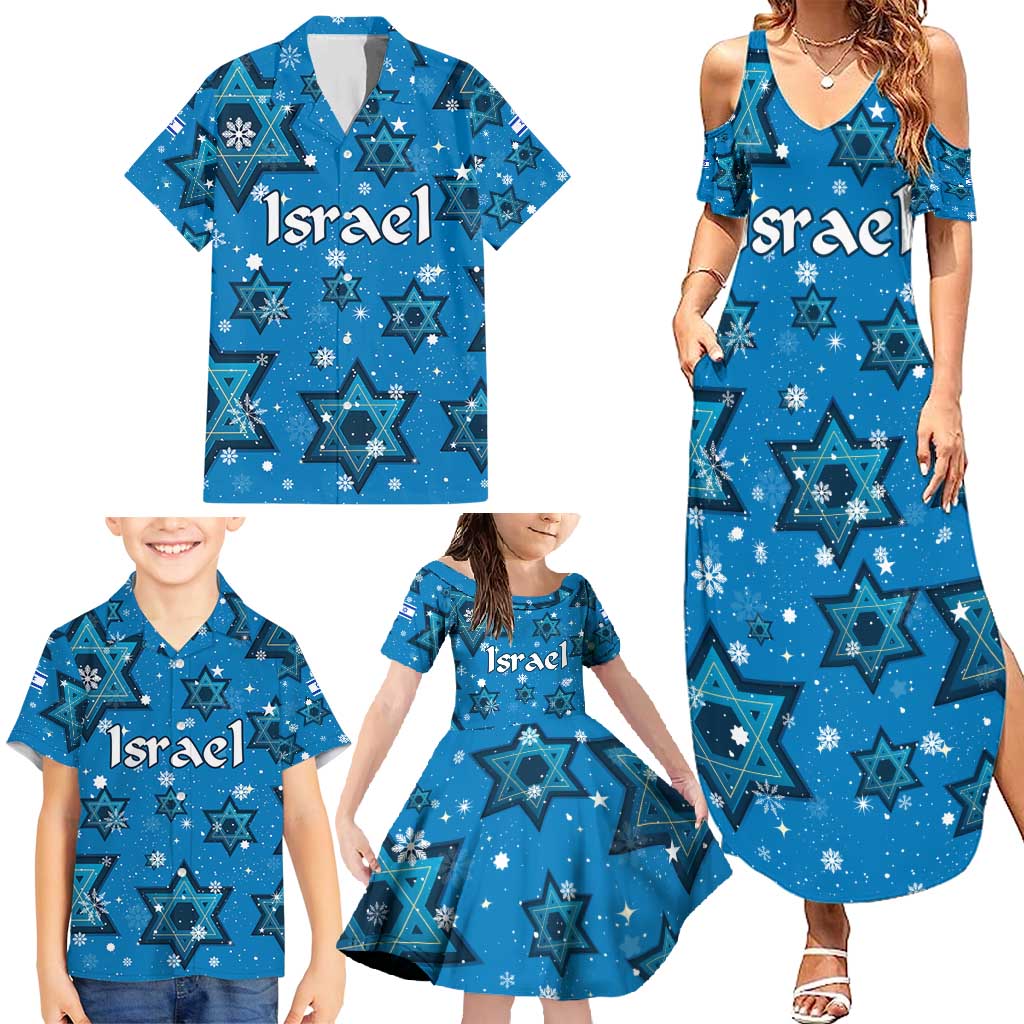 Israel Christmas Family Matching Summer Maxi Dress and Hawaiian Shirt with Blue Star of David Pattern and Menorah Motif - Wonder Print Shop