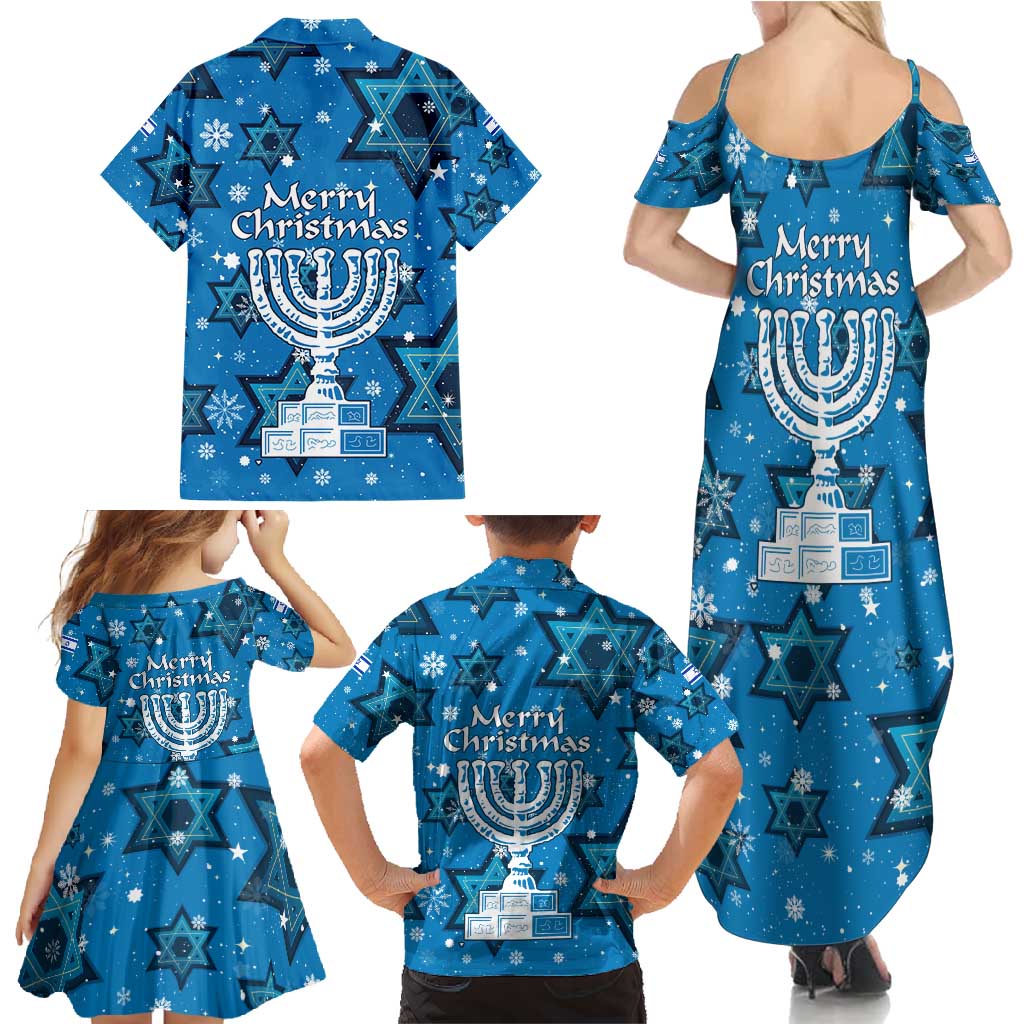 Israel Christmas Family Matching Summer Maxi Dress and Hawaiian Shirt with Blue Star of David Pattern and Menorah Motif - Wonder Print Shop