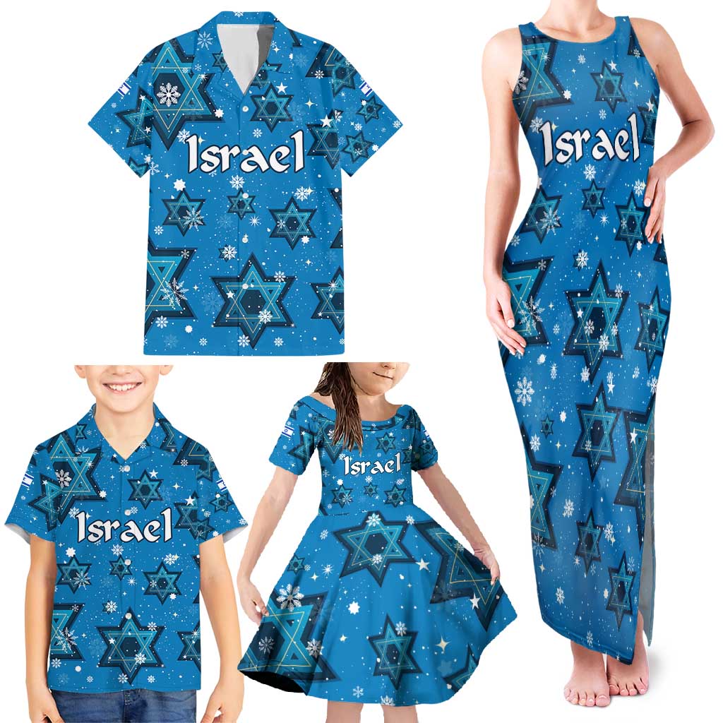 Israel Christmas Family Matching Tank Maxi Dress and Hawaiian Shirt with Blue Star of David Pattern and Menorah Motif - Wonder Print Shop