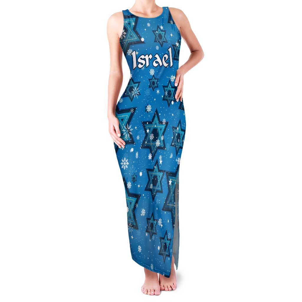 Israel Christmas Family Matching Tank Maxi Dress and Hawaiian Shirt with Blue Star of David Pattern and Menorah Motif - Wonder Print Shop