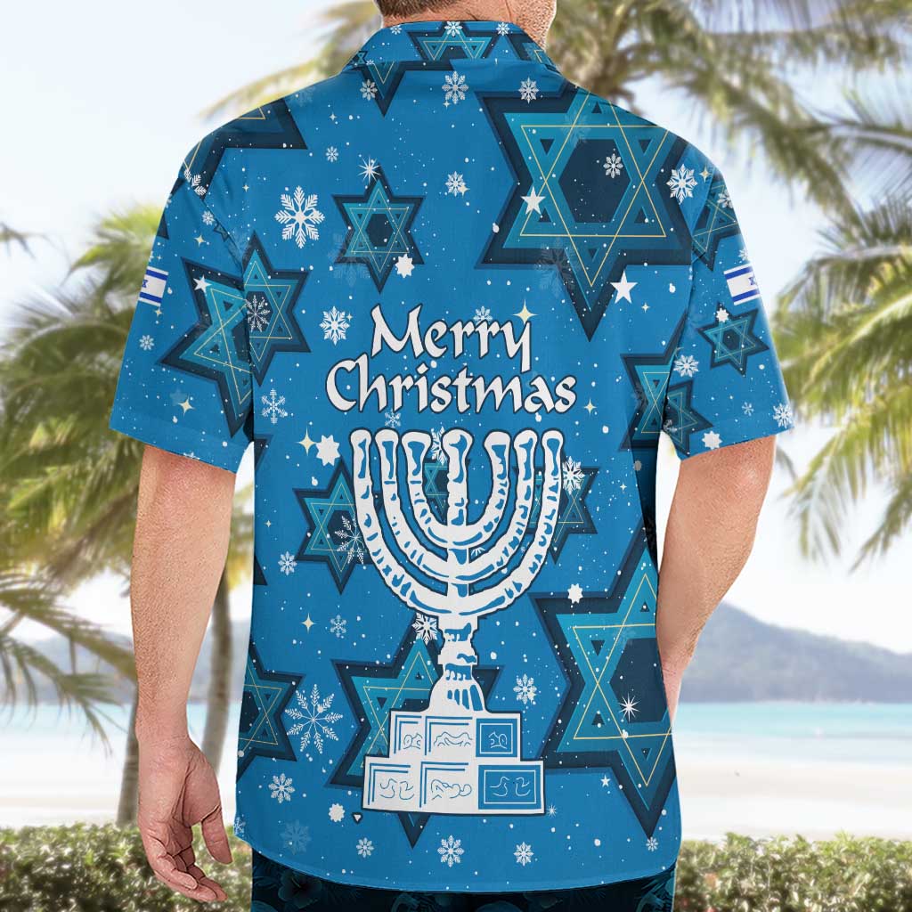 Israel Christmas Hawaiian Shirt with Blue Star of David Pattern and Menorah Motif - Wonder Print Shop