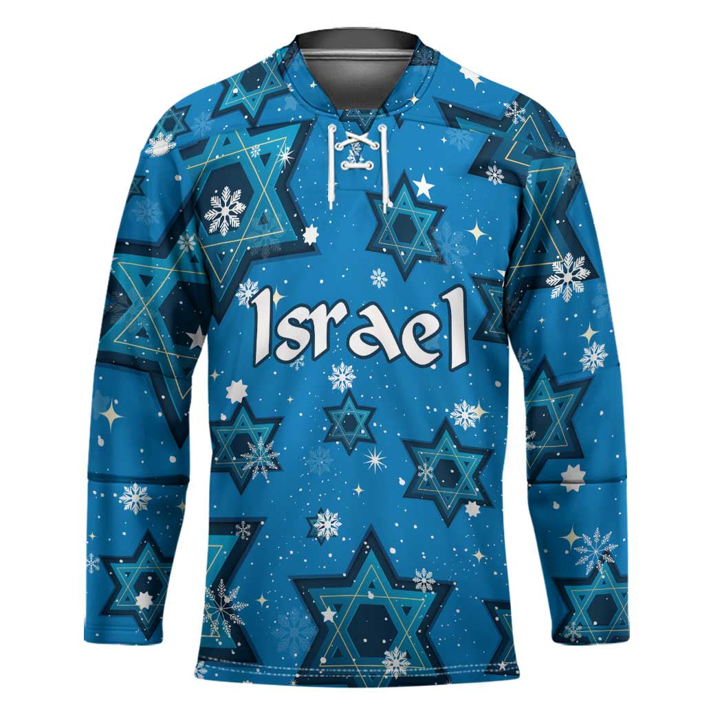 Israel Christmas Hockey Jersey with Blue Star of David Pattern and Menorah Motif - Wonder Print Shop