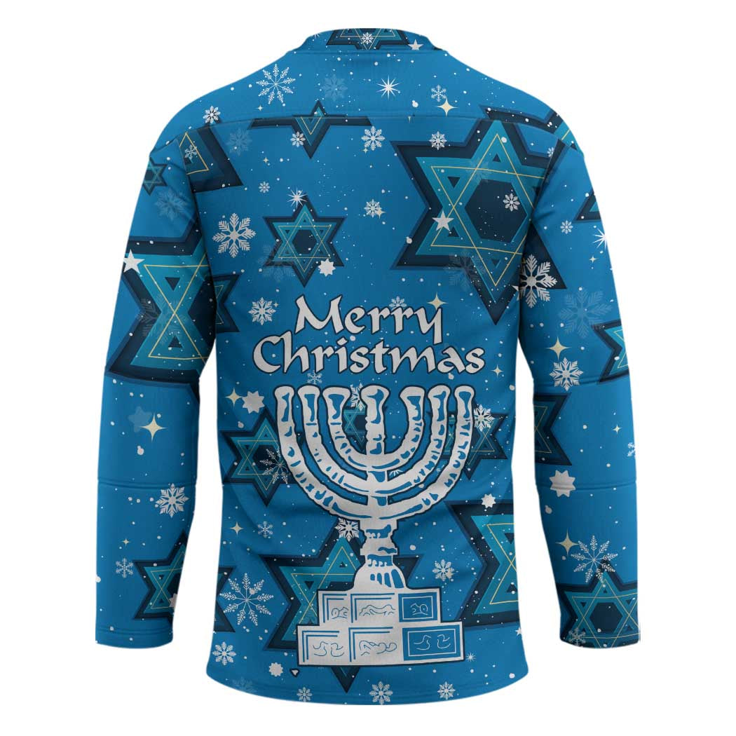 Israel Christmas Hockey Jersey with Blue Star of David Pattern and Menorah Motif - Wonder Print Shop