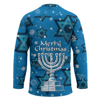 Israel Christmas Hockey Jersey with Blue Star of David Pattern and Menorah Motif - Wonder Print Shop