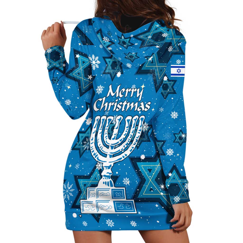 Israel Christmas Hoodie Dress with Blue Star of David Pattern and Menorah Motif - Wonder Print Shop