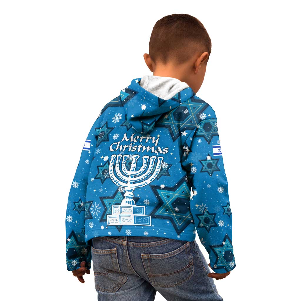 Israel Christmas Kid Hoodie with Blue Star of David Pattern and Menorah Motif - Wonder Print Shop