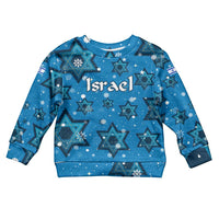 Israel Christmas Kid Ugly Christmas Sweater with Blue Star of David Pattern and Menorah Motif - Wonder Print Shop