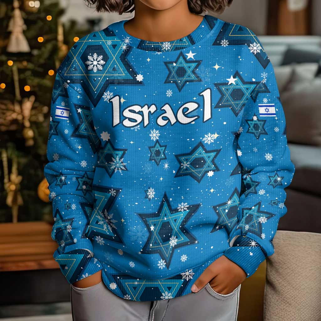 Israel Christmas Kid Ugly Christmas Sweater with Blue Star of David Pattern and Menorah Motif - Wonder Print Shop