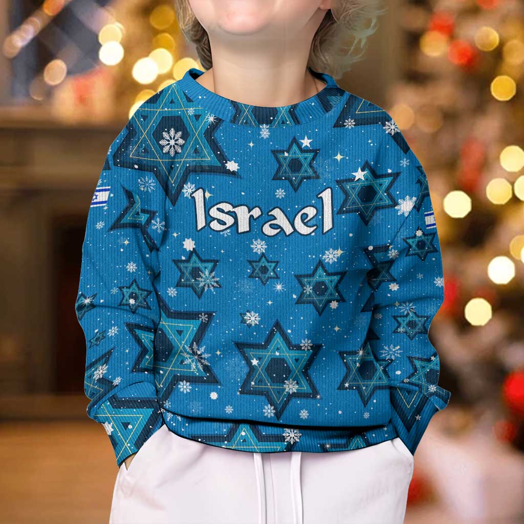 Israel Christmas Kid Ugly Christmas Sweater with Blue Star of David Pattern and Menorah Motif - Wonder Print Shop