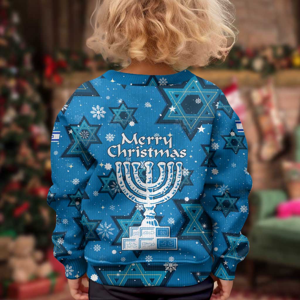 Israel Christmas Kid Ugly Christmas Sweater with Blue Star of David Pattern and Menorah Motif - Wonder Print Shop