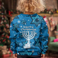 Israel Christmas Kid Ugly Christmas Sweater with Blue Star of David Pattern and Menorah Motif - Wonder Print Shop