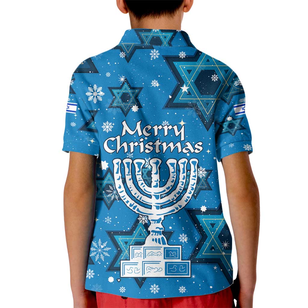 Israel Christmas Kid Polo Shirt with Blue Star of David Pattern and Menorah Motif - Wonder Print Shop