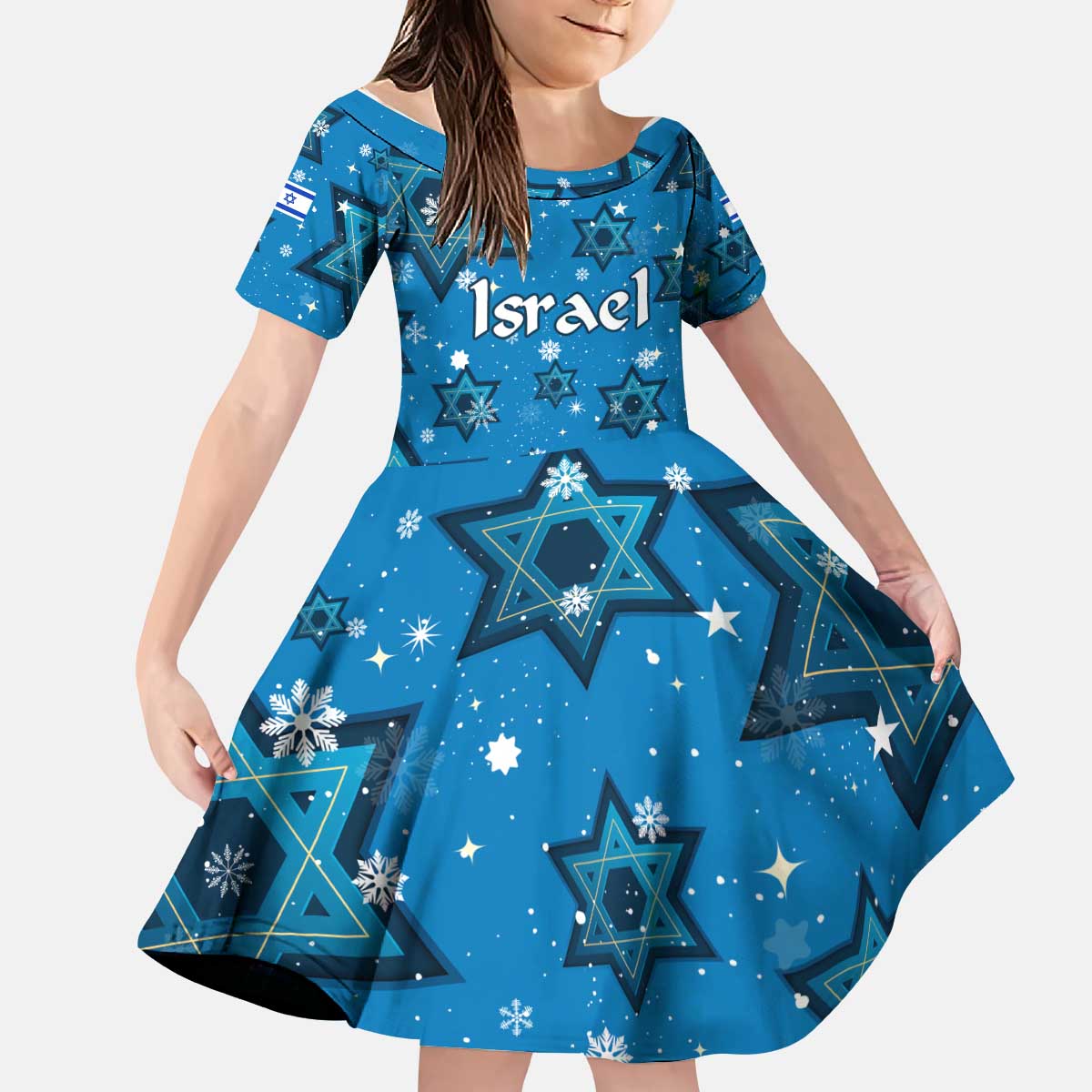 Israel Christmas Kid Short Sleeve Dress with Blue Star of David Pattern and Menorah Motif - Wonder Print Shop