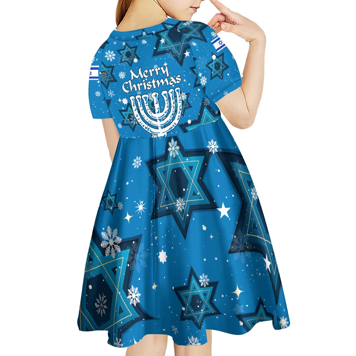 Israel Christmas Kid Short Sleeve Dress with Blue Star of David Pattern and Menorah Motif - Wonder Print Shop