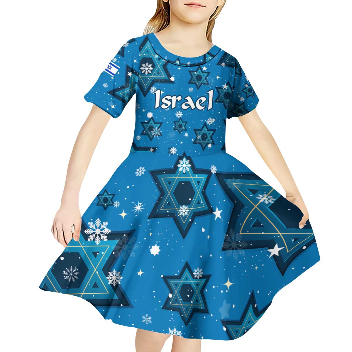 Israel Christmas Kid Short Sleeve Dress with Blue Star of David Pattern and Menorah Motif - Wonder Print Shop