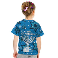 Israel Christmas Kid T Shirt with Blue Star of David Pattern and Menorah Motif - Wonder Print Shop