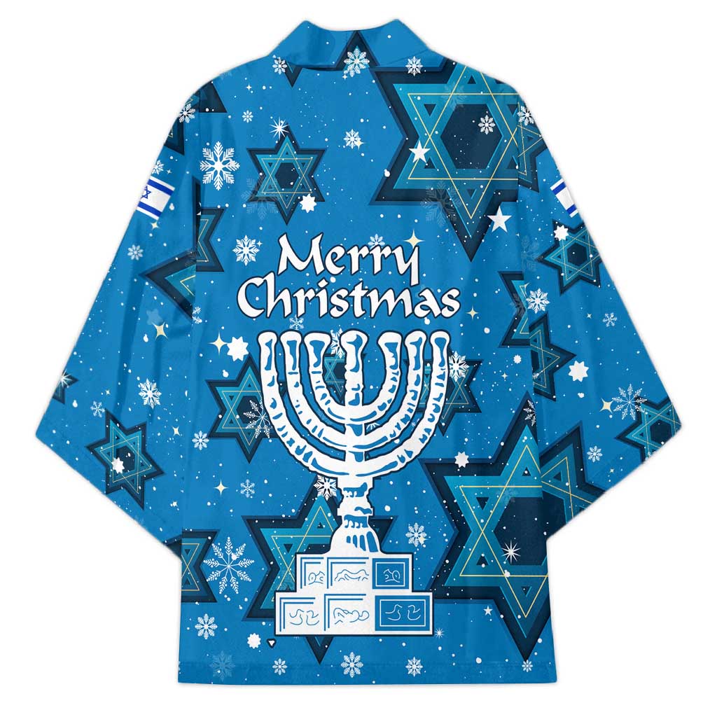 Israel Christmas Kimono with Blue Star of David Pattern and Menorah Motif - Wonder Print Shop