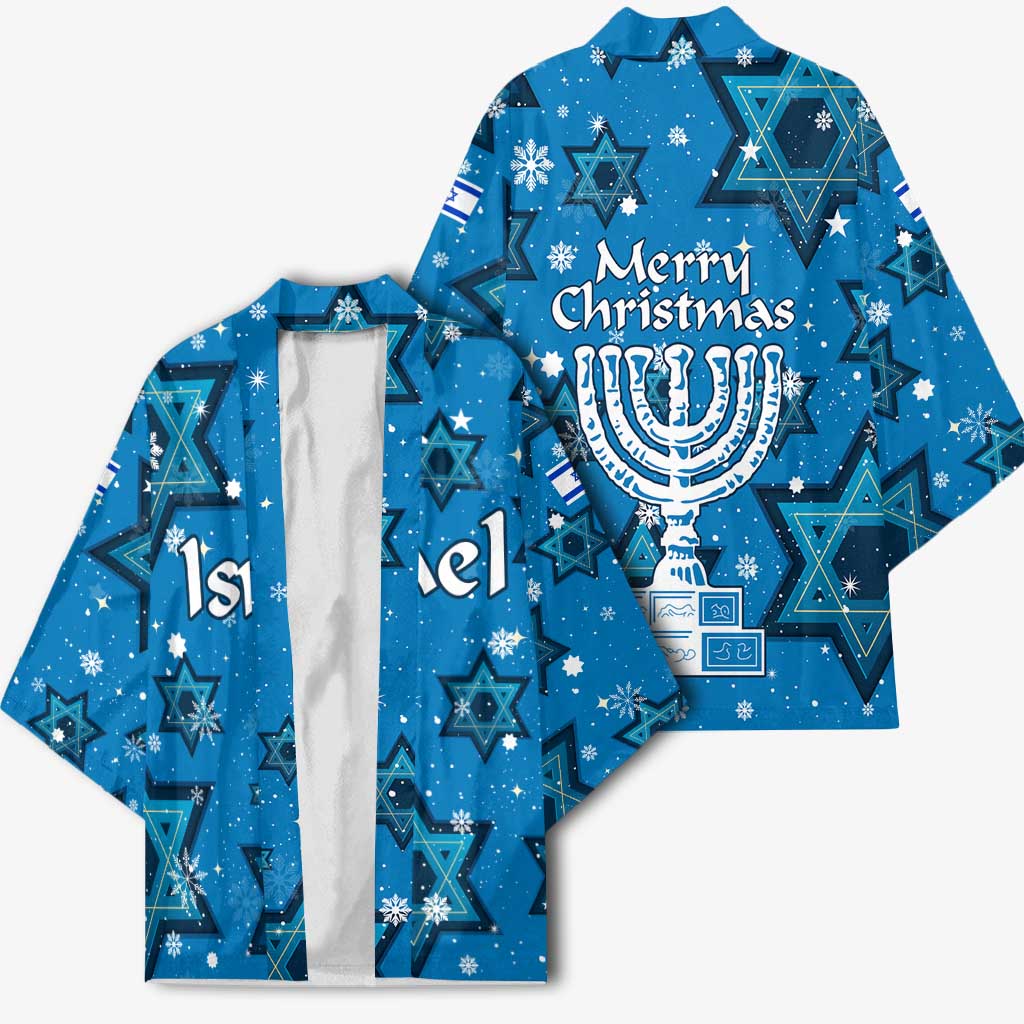 Israel Christmas Kimono with Blue Star of David Pattern and Menorah Motif - Wonder Print Shop