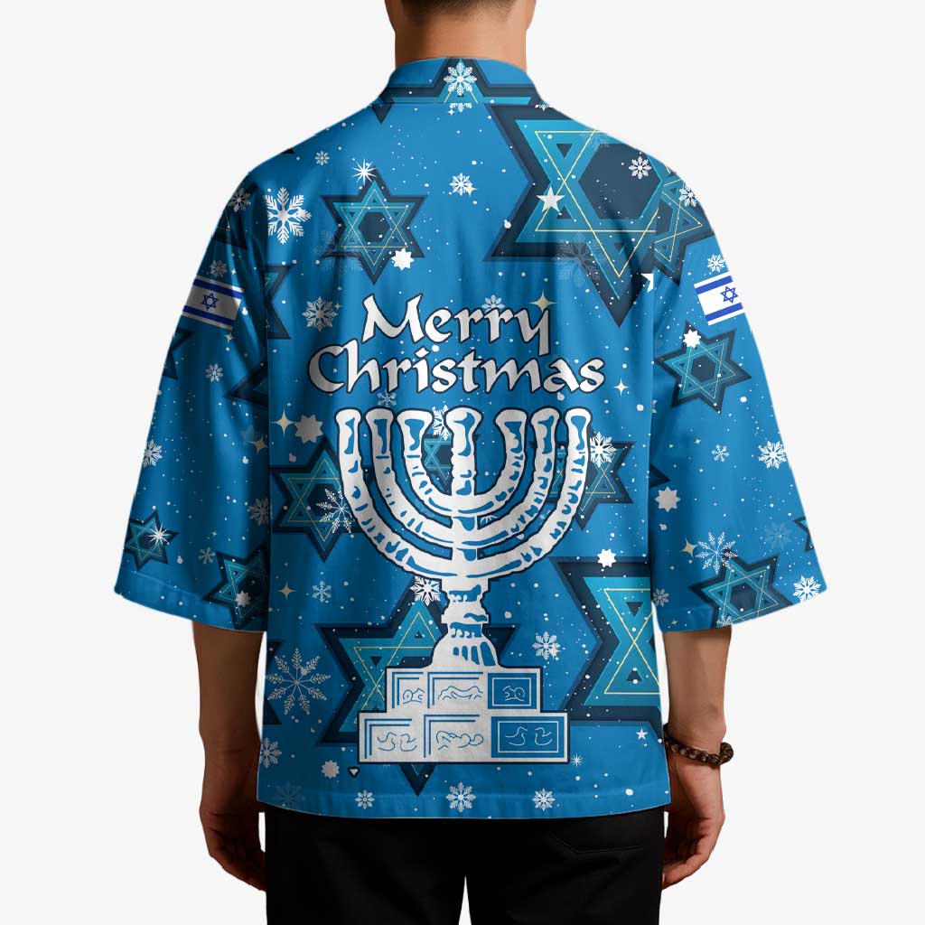 Israel Christmas Kimono with Blue Star of David Pattern and Menorah Motif - Wonder Print Shop
