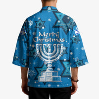 Israel Christmas Kimono with Blue Star of David Pattern and Menorah Motif - Wonder Print Shop
