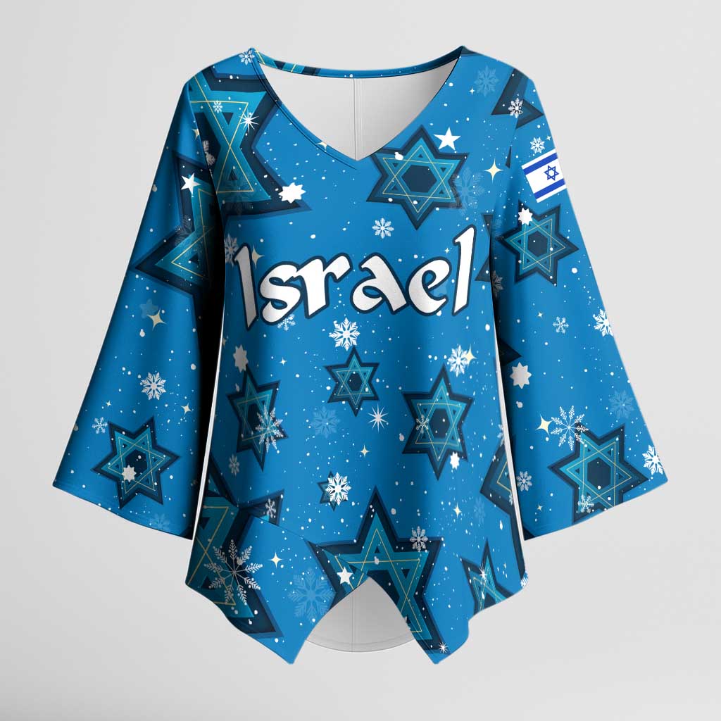 Israel Christmas Kimono Sleeve Blouse with Blue Star of David Pattern and Menorah Motif - Wonder Print Shop