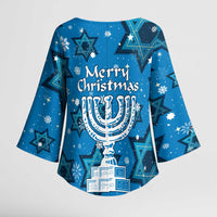 Israel Christmas Kimono Sleeve Blouse with Blue Star of David Pattern and Menorah Motif - Wonder Print Shop