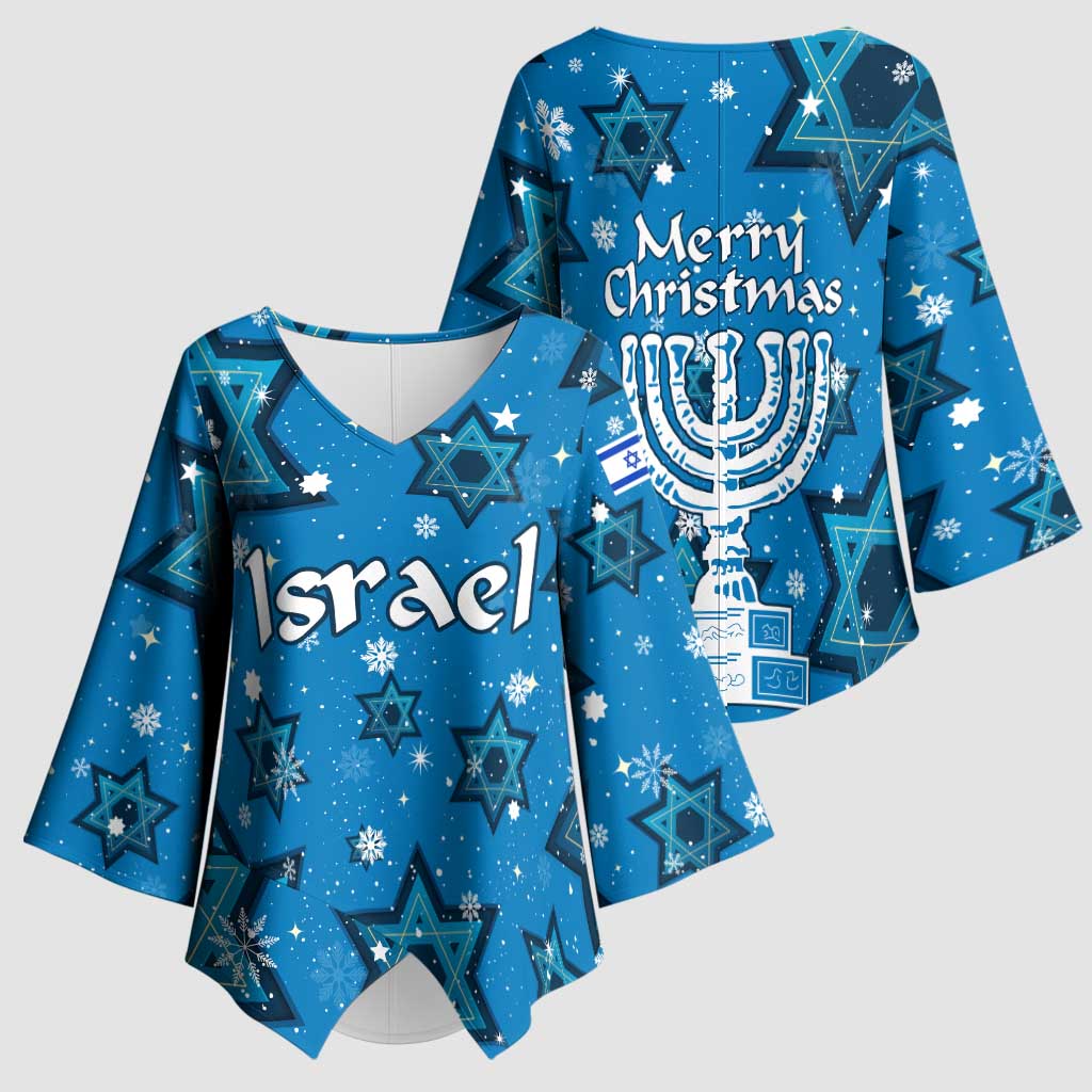 Israel Christmas Kimono Sleeve Blouse with Blue Star of David Pattern and Menorah Motif - Wonder Print Shop