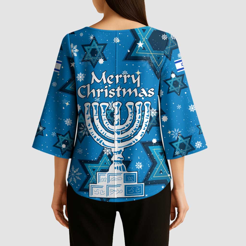 Israel Christmas Kimono Sleeve Blouse with Blue Star of David Pattern and Menorah Motif - Wonder Print Shop
