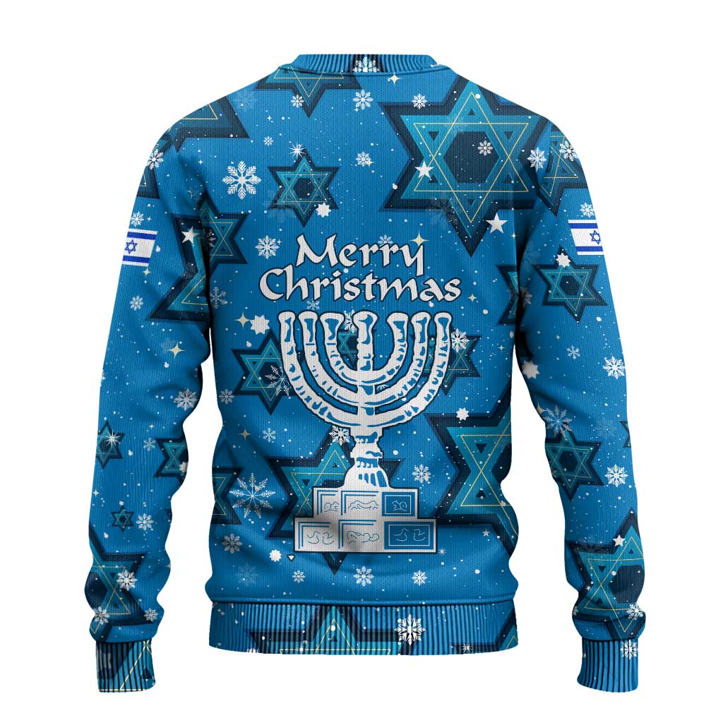 Israel Christmas Ugly Christmas Sweater with Blue Star of David Pattern and Menorah Motif - Wonder Print Shop