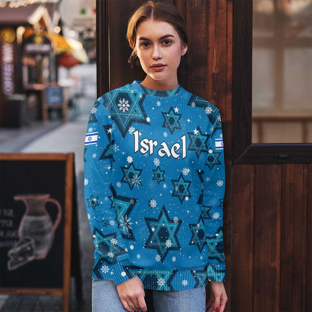 Israel Christmas Ugly Christmas Sweater with Blue Star of David Pattern and Menorah Motif - Wonder Print Shop