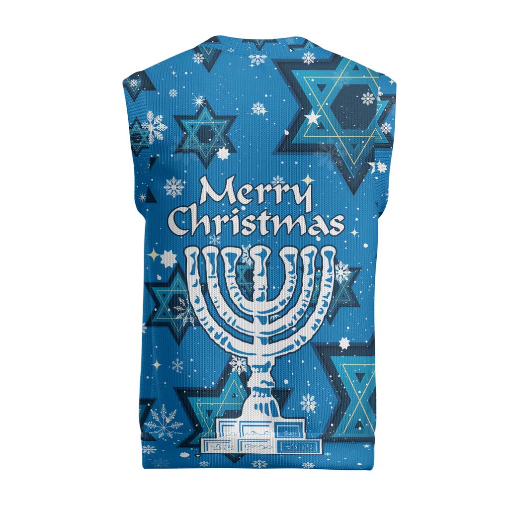 Israel Christmas Knitted V-Neck Vest with Blue Star of David Pattern and Menorah Motif - Wonder Print Shop