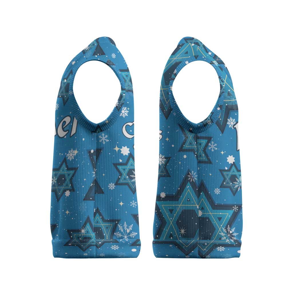 Israel Christmas Knitted V-Neck Vest with Blue Star of David Pattern and Menorah Motif - Wonder Print Shop