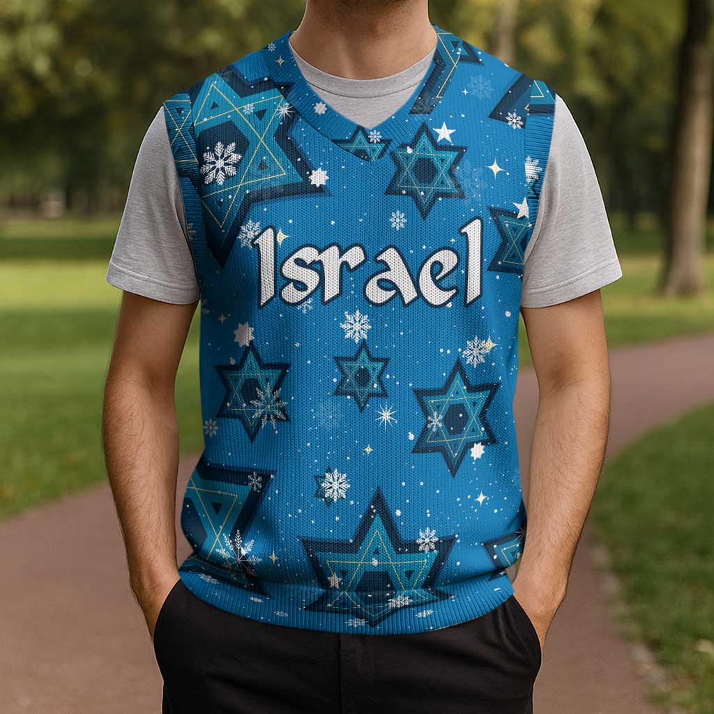 Israel Christmas Knitted V-Neck Vest with Blue Star of David Pattern and Menorah Motif - Wonder Print Shop
