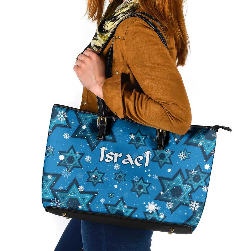 Israel Christmas Leather Tote Bag with Blue Star of David Pattern and Menorah Motif - Wonder Print Shop