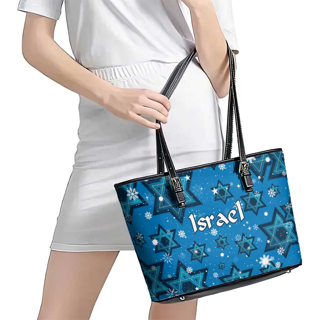 Israel Christmas Leather Tote Bag with Blue Star of David Pattern and Menorah Motif - Wonder Print Shop