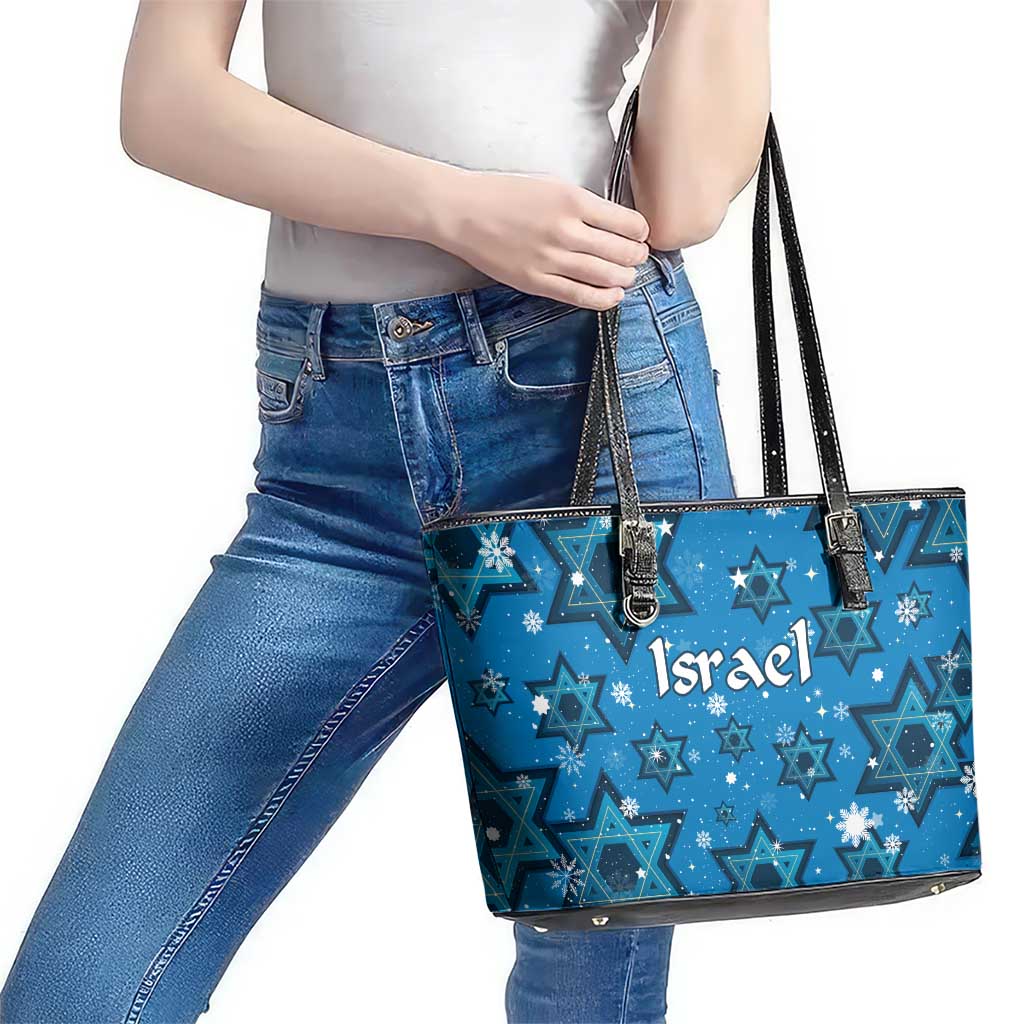 Israel Christmas Leather Tote Bag with Blue Star of David Pattern and Menorah Motif - Wonder Print Shop