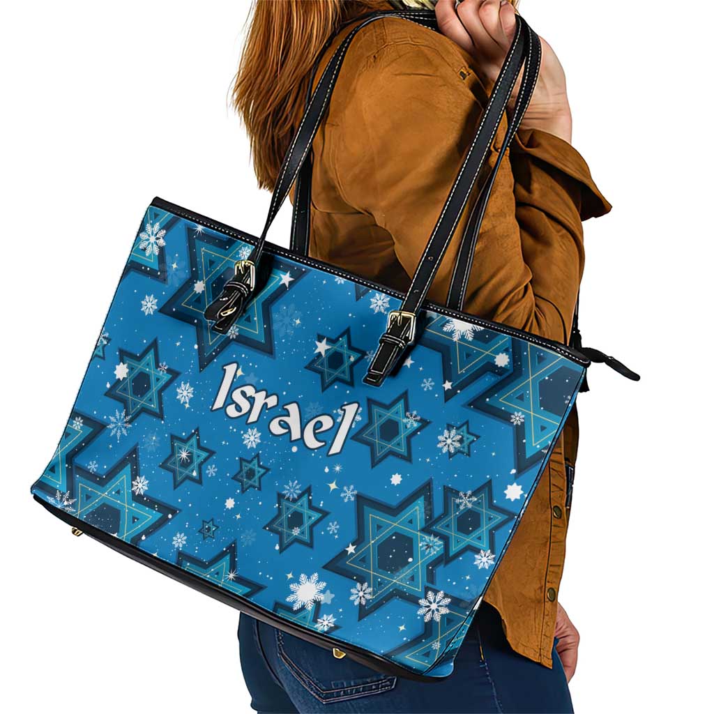 Israel Christmas Leather Tote Bag with Blue Star of David Pattern and Menorah Motif - Wonder Print Shop