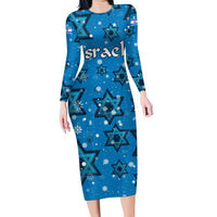 Israel Christmas Long Sleeve Bodycon Dress with Blue Star of David Pattern and Menorah Motif - Wonder Print Shop