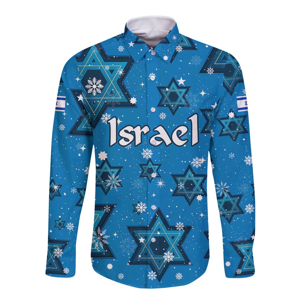 Israel Christmas Long Sleeve Button Shirt with Blue Star of David Pattern and Menorah Motif - Wonder Print Shop