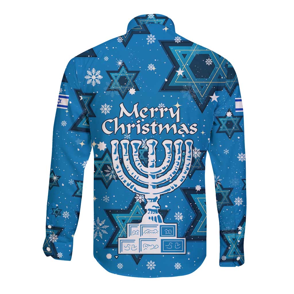 Israel Christmas Long Sleeve Button Shirt with Blue Star of David Pattern and Menorah Motif - Wonder Print Shop