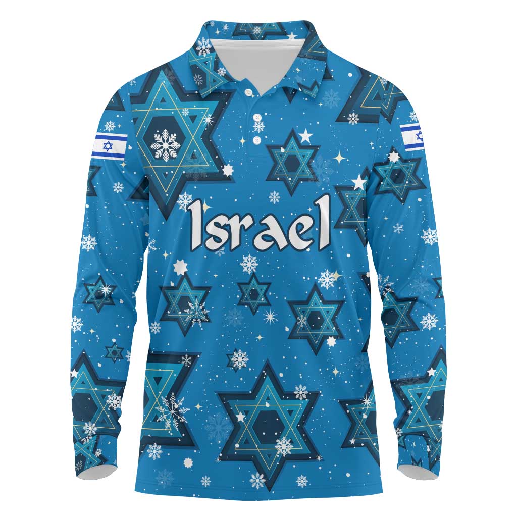Israel Christmas Long Sleeve Polo Shirt with Blue Star of David Pattern and Menorah Motif - Wonder Print Shop