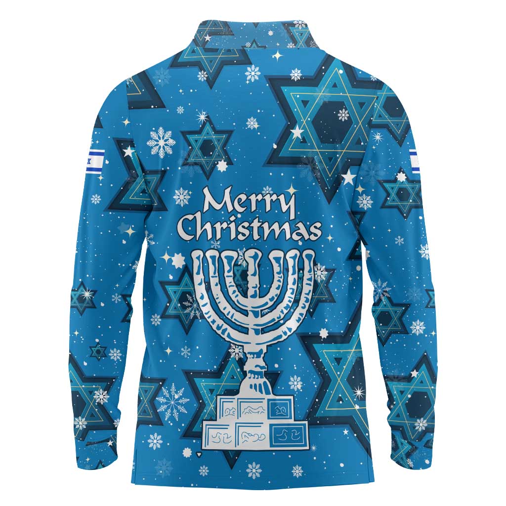 Israel Christmas Long Sleeve Polo Shirt with Blue Star of David Pattern and Menorah Motif - Wonder Print Shop