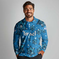 Israel Christmas Long Sleeve Polo Shirt with Blue Star of David Pattern and Menorah Motif - Wonder Print Shop