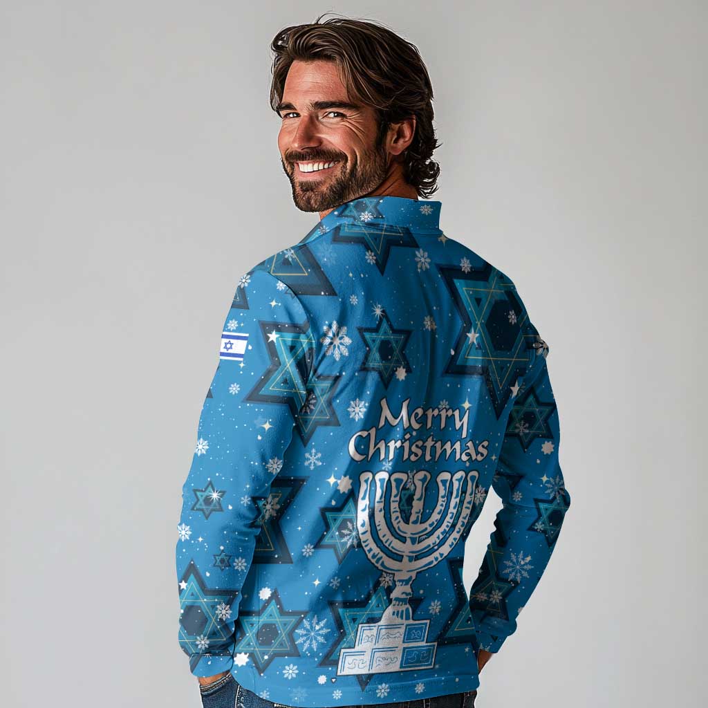 Israel Christmas Long Sleeve Polo Shirt with Blue Star of David Pattern and Menorah Motif - Wonder Print Shop
