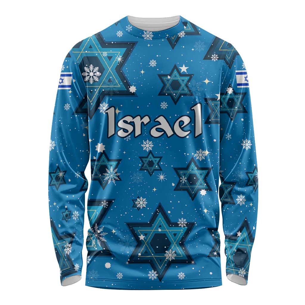 Israel Christmas Long Sleeve Shirt with Blue Star of David Pattern and Menorah Motif - Wonder Print Shop