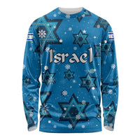 Israel Christmas Long Sleeve Shirt with Blue Star of David Pattern and Menorah Motif - Wonder Print Shop