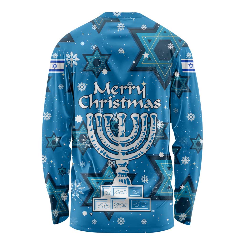 Israel Christmas Long Sleeve Shirt with Blue Star of David Pattern and Menorah Motif - Wonder Print Shop