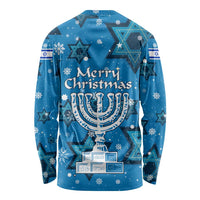 Israel Christmas Long Sleeve Shirt with Blue Star of David Pattern and Menorah Motif - Wonder Print Shop