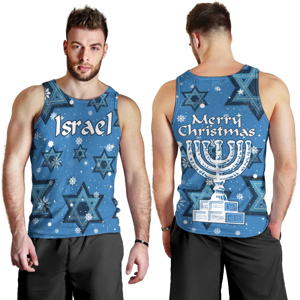 Israel Christmas Men Tank Top with Blue Star of David Pattern and Menorah Motif - Wonder Print Shop