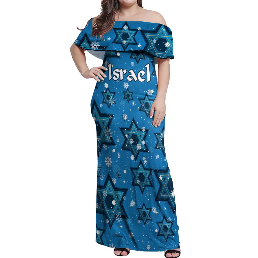 Israel Christmas Off Shoulder Maxi Dress with Blue Star of David Pattern and Menorah Motif - Wonder Print Shop